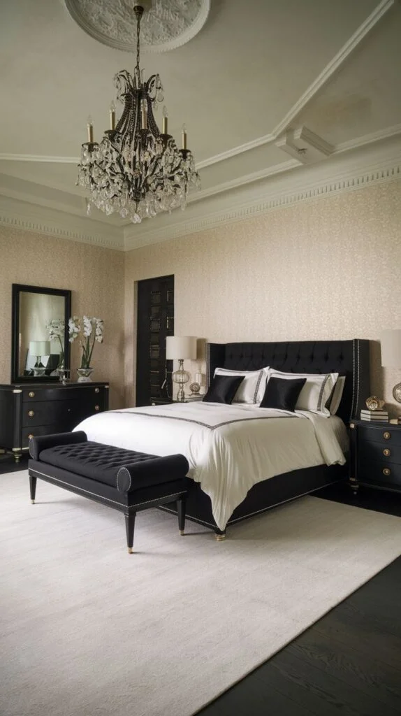 Black bedroom with gold accents and crystal chandelier
