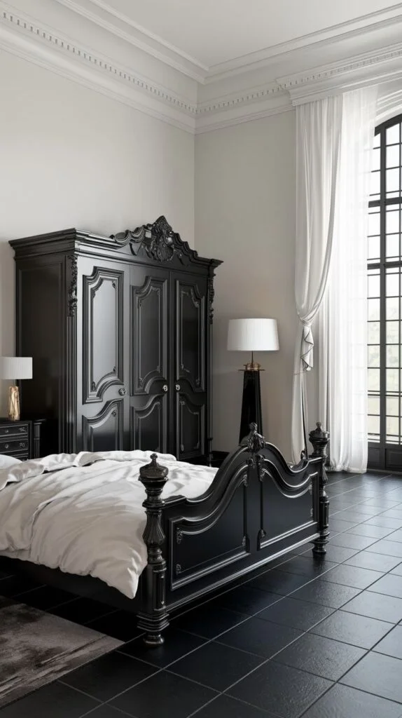Classic black ornate bed and wardrobe in bright room
