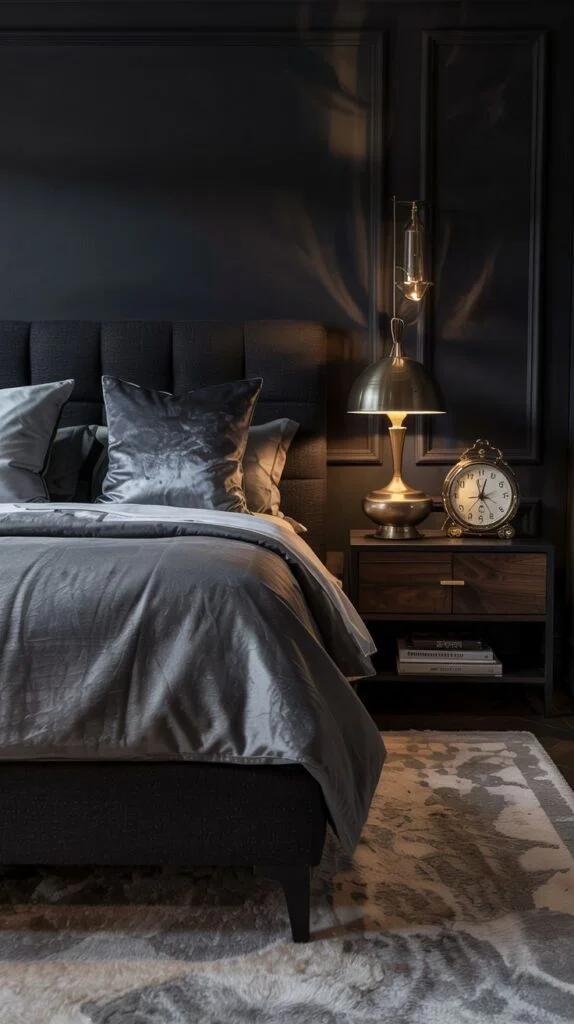 Moody black and grey bedroom with upholstered bed and brass lamp