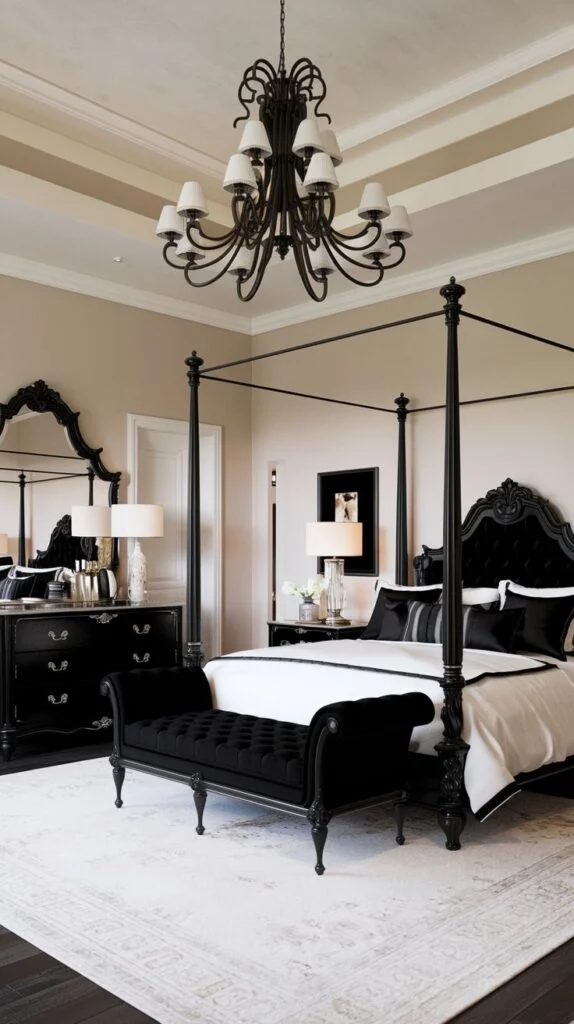 Luxurious black four-poster bed with tufted headboard and ornate chandelier