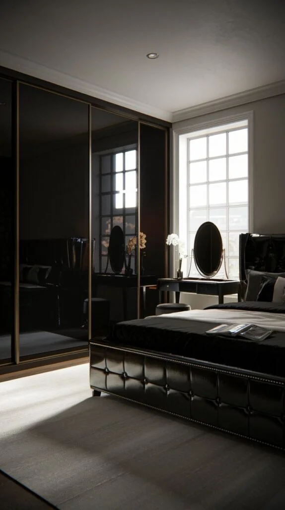 Contemporary black tufted bed with mirrored wardrobe and dressing table