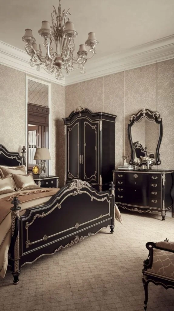 Opulent black bedroom with gold tracery and satin bedding