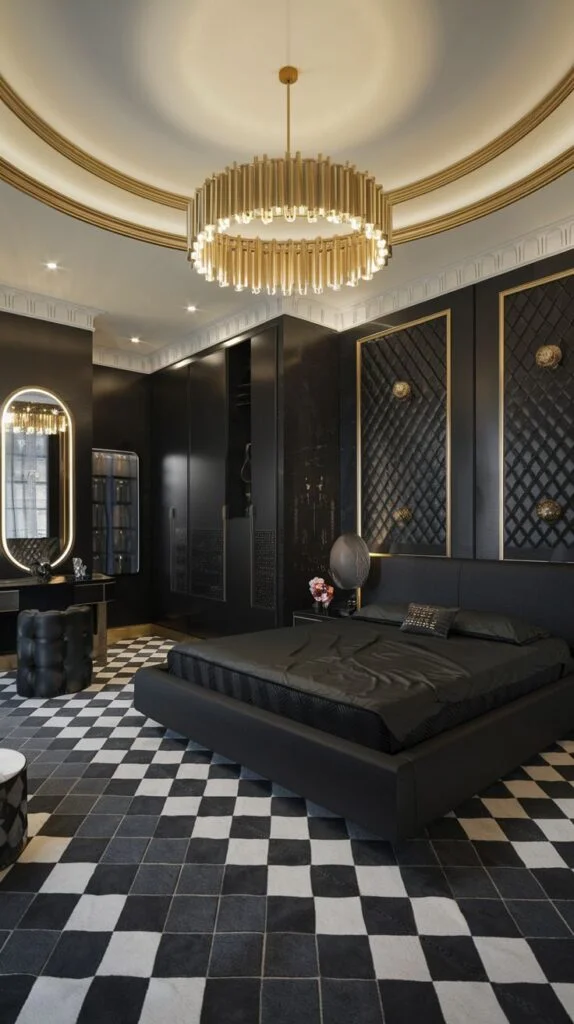Modern black bedroom with geometric gold accents and checkered floor