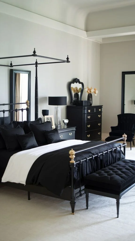 Classic black four-poster bed with black and white bedding