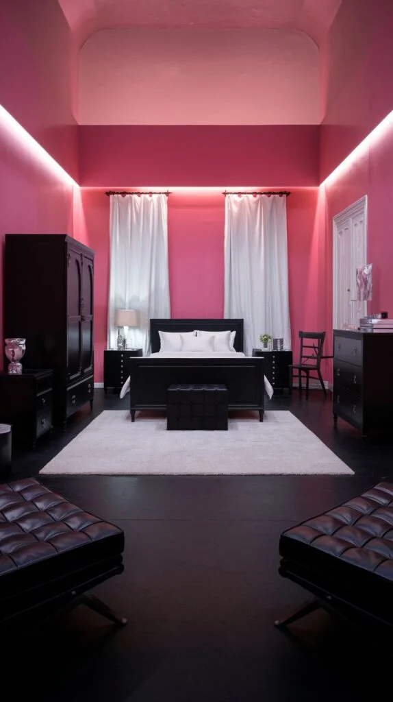 Minimalist black bedroom furniture contrasted with vivid pink walls