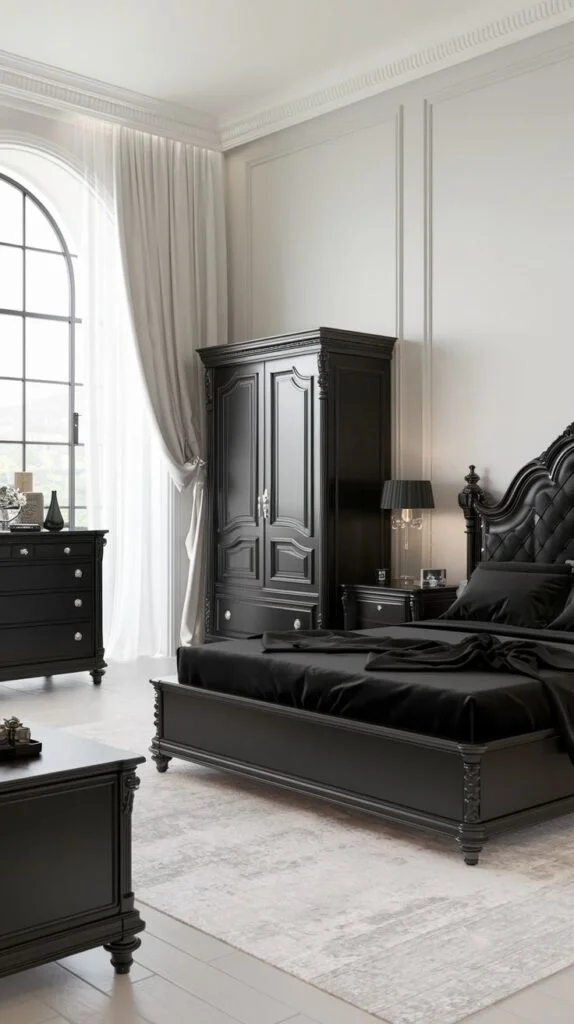 Traditional black carved bed and wardrobe in a bright bedroom
