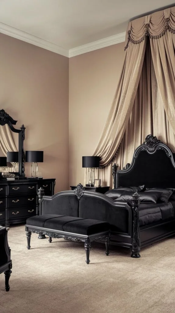 Luxurious black upholstered bed with draped fabric above