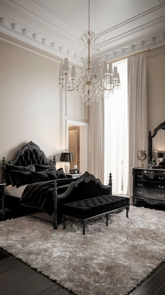 Elegant black ornate bed with tufted bench under crystal chandelier