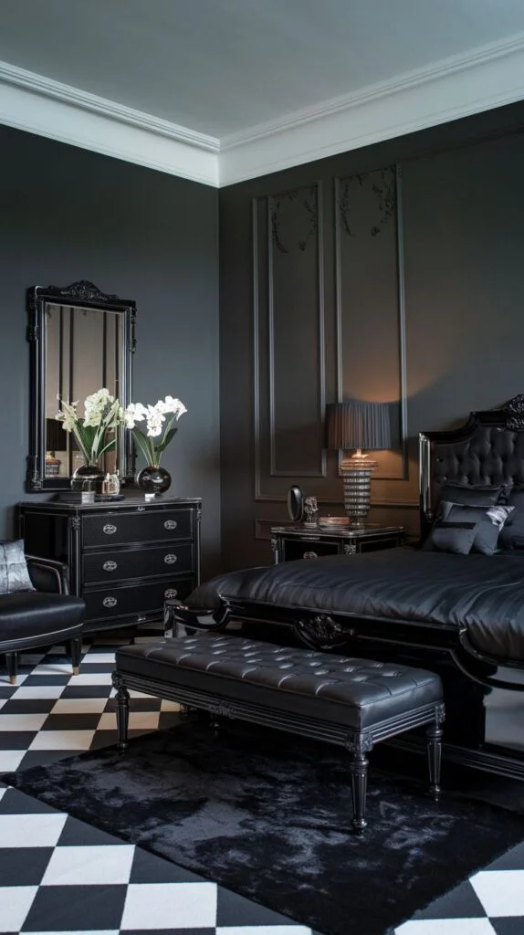 Black leather tufted bed and bench with black and white checkered floor