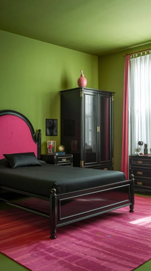 Black bedroom with bold pink headboard and green walls