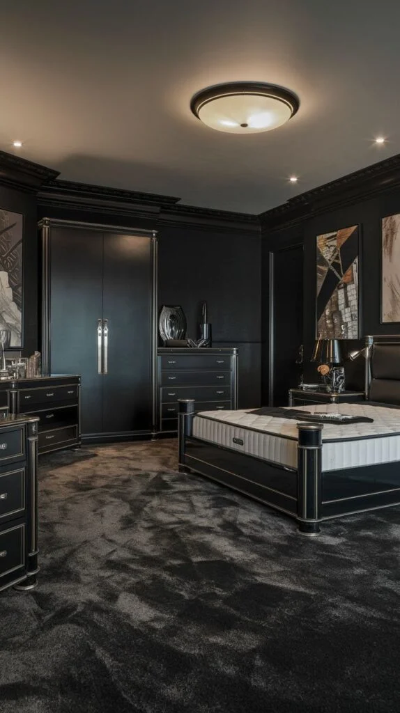 Sleek black bedroom with gold accents and dark walls