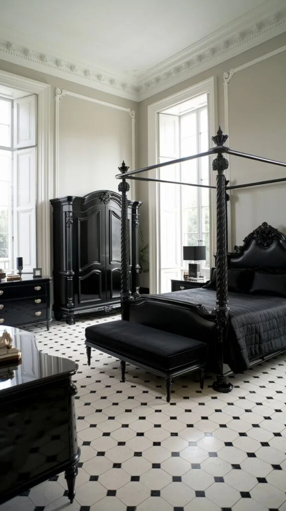 Black four-poster bed with black and white hexagonal tiled floor