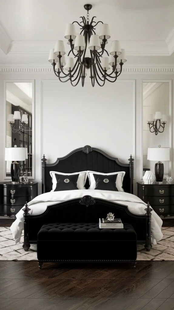 Black ornate bed with black and white bedding and chandelier