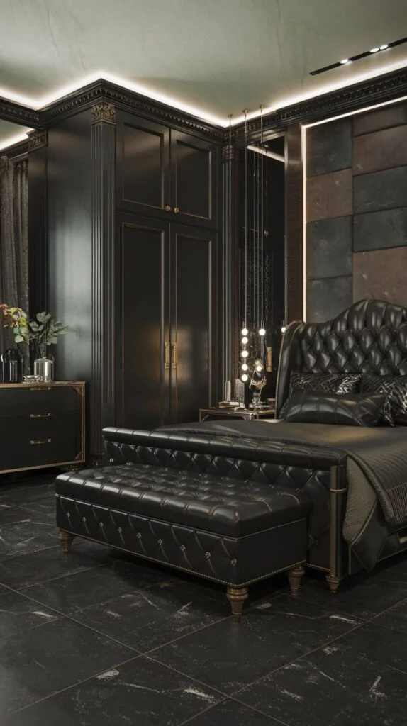Black leather tufted bed and bench with gold accents
