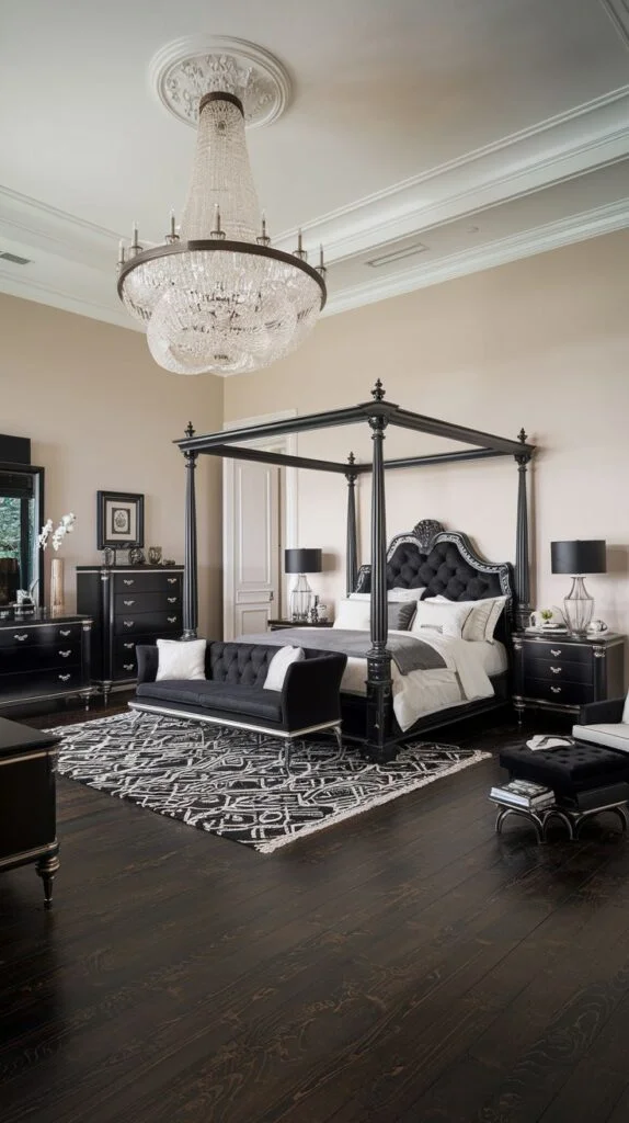 Grand black four-poster bed with crystal chandelier