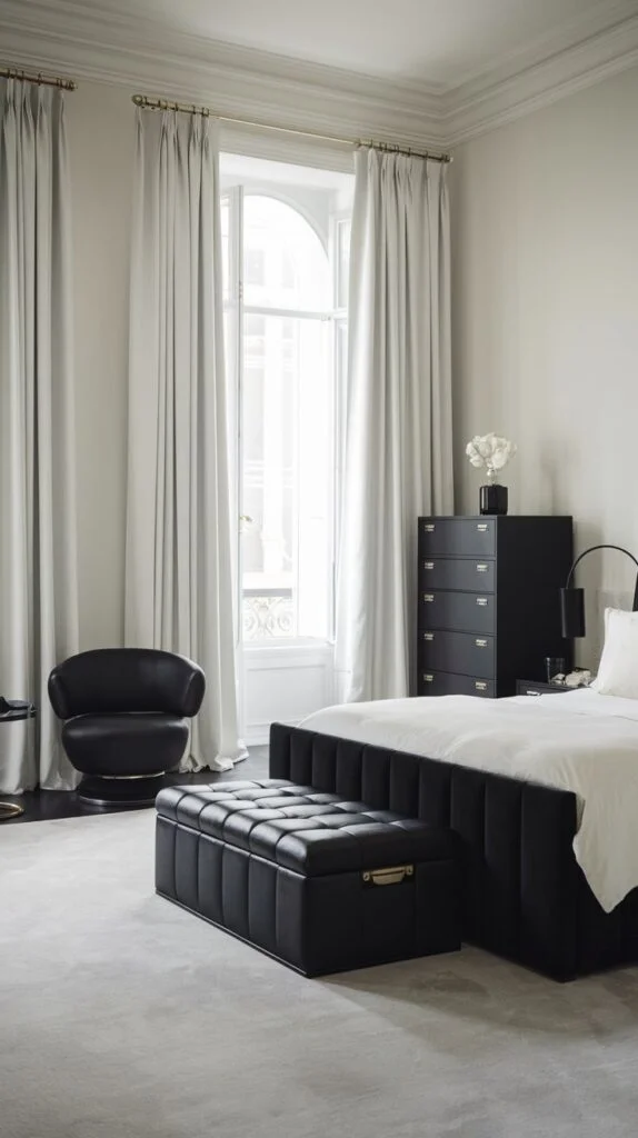 Minimalist black bedroom with upholstered bed and black armchair