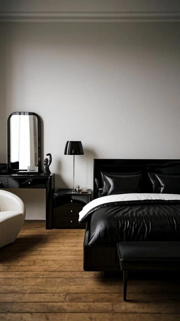Sleek black lacquer bed with minimalist black furniture