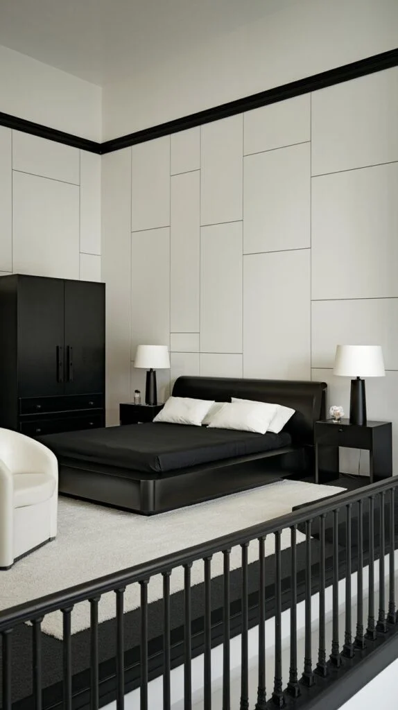 Black platform bed with black and white geometric walls