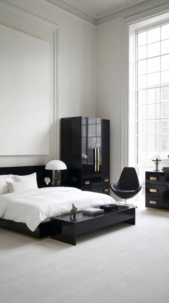 Modern black bedroom with gold handles and bright room