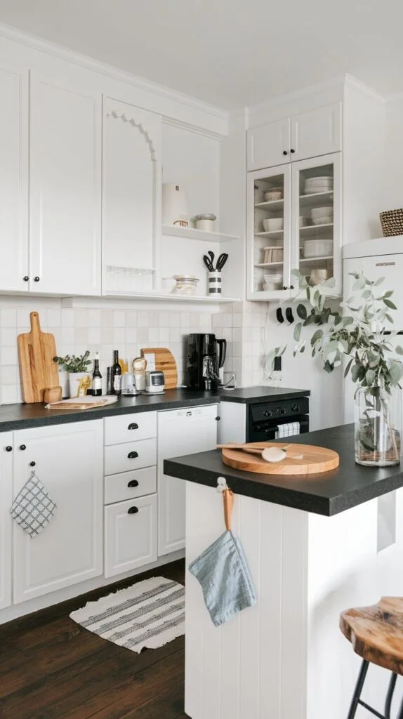 Scandinavian kitchen with white cabinets, dark countertops, white subway tile backsplash, kitchen island with seating and greenery.