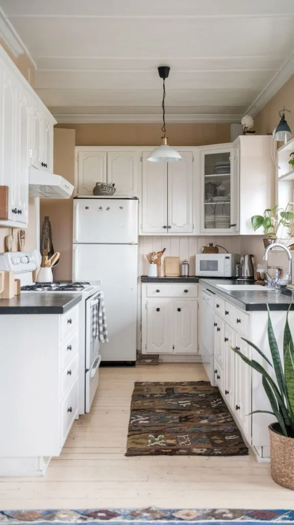 Scandinavian galley kitchen with white cabinets, dark countertops, light beige walls, patterned rug, and white vintage-style refrigerator.