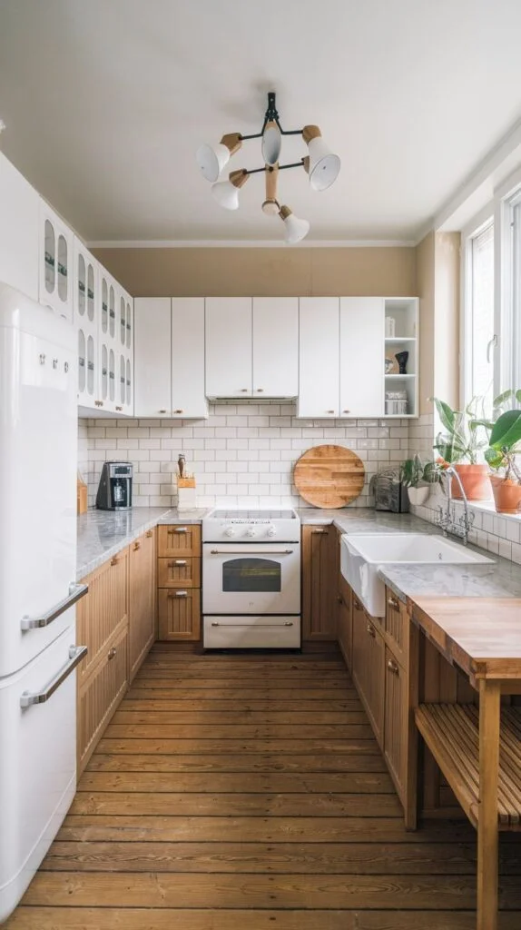 Scandinavian kitchen with white upper cabinets, natural wood lower cabinets, white subway tile backsplash, dark wood flooring, vintage stove, and farmhouse sink under window with plants.