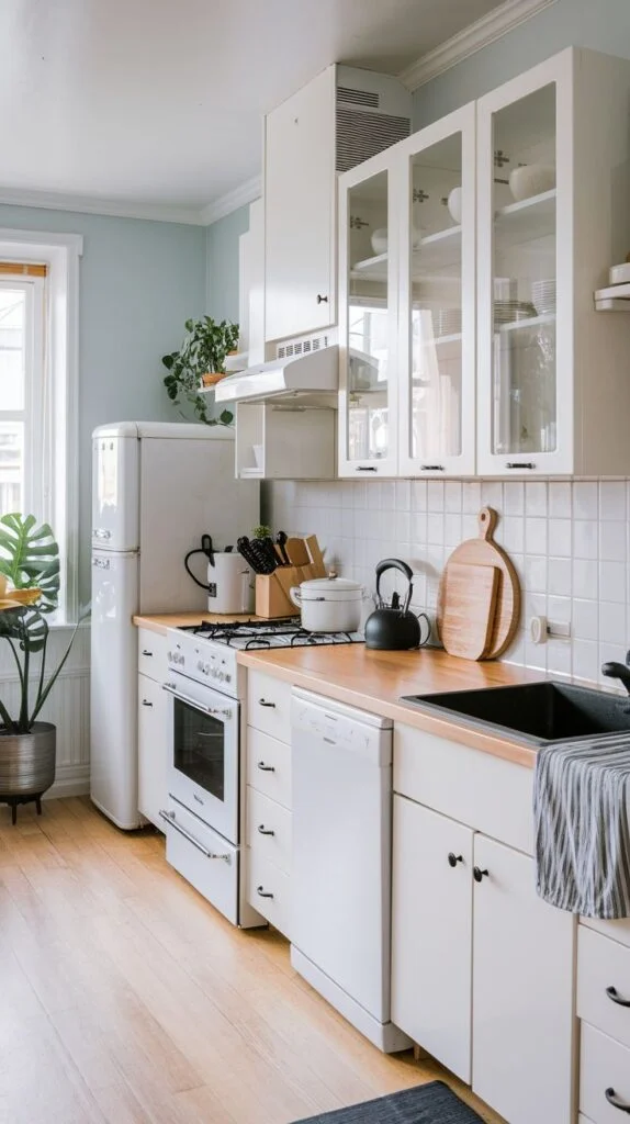 Scandinavian kitchen with white cabinets, light wood countertops, light blue walls, vintage refrigerator, black sink, and plants near window.