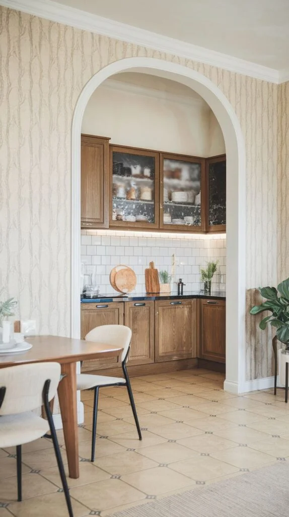 Scandinavian kitchen nook with dark wood cabinets and glass fronts, white subway tile backsplash, light patterned floor tiles, viewed through archway from dining area with wooden table.