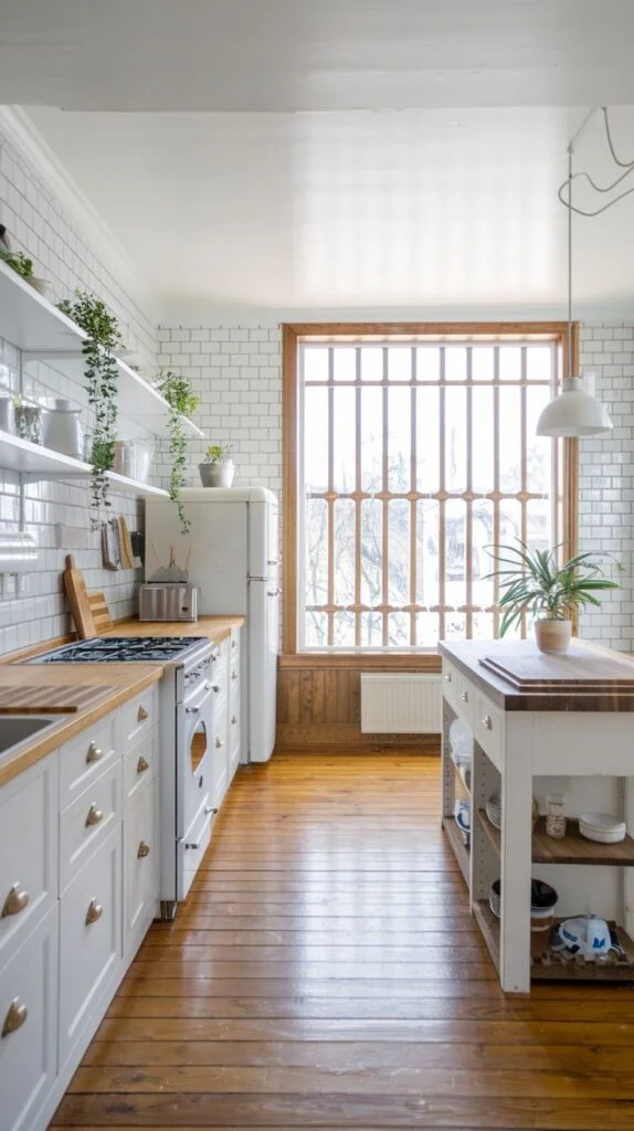 Scandinavian kitchen with white subway tile walls, white cabinets, light wood countertops, dark wood flooring, vintage refrigerator, open shelving with plants, and large window.