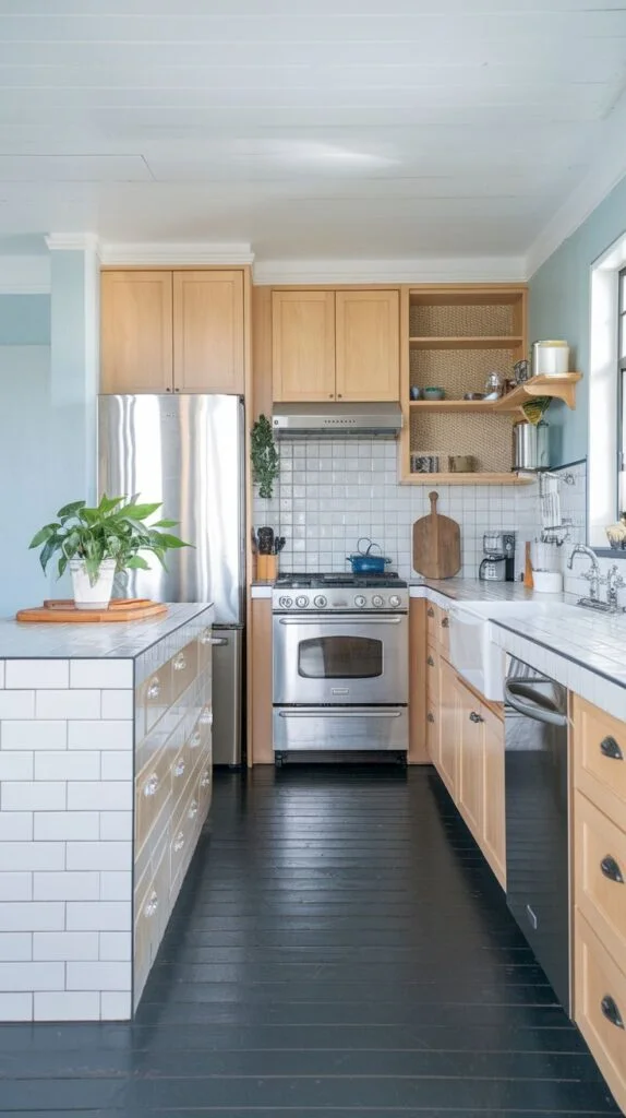 Scandinavian kitchen with light wood cabinets, white subway tile backsplash, dark wood flooring, stainless steel refrigerator and stove, island with white tiled sides and drawers.