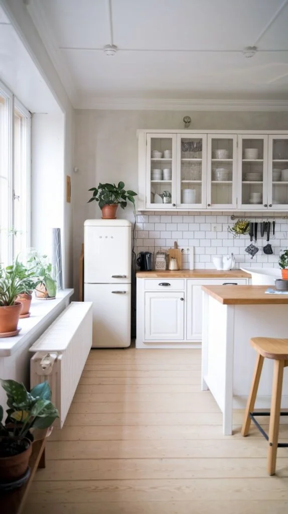 Scandinavian kitchen with white cabinets, light wood countertops, white subway tile backsplash, light wood flooring, white Smeg refrigerator, white island with wooden top, plants by large window with radiator.