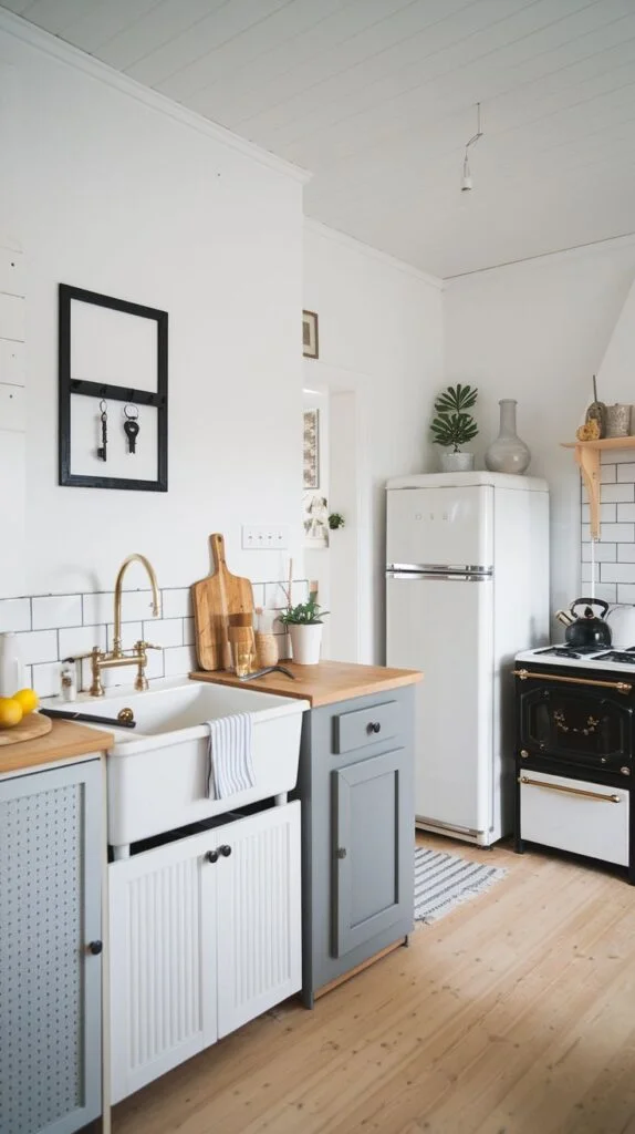 Scandinavian kitchen with white and gray cabinets, light wood countertops, white subway tile backsplash, light wood flooring, white farmhouse sink with brass faucet, black vintage stove.