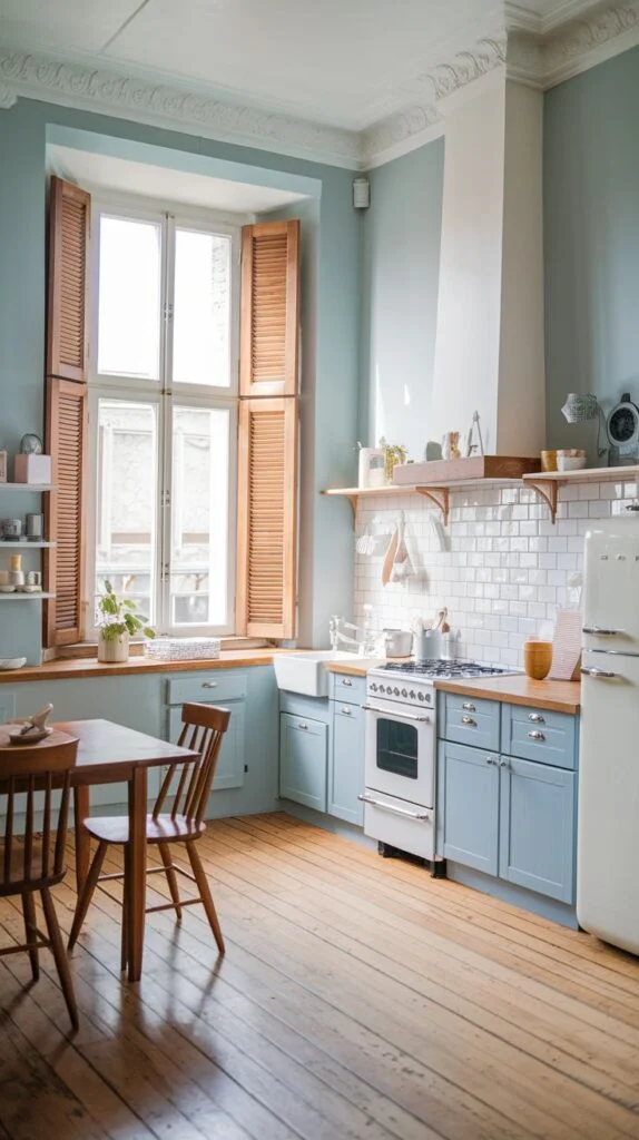 Scandinavian kitchen with light blue base cabinets, light wood countertops, white subway tile backsplash, white vintage stove, white Smeg refrigerator, wooden dining table and chairs, wooden window shutters.
