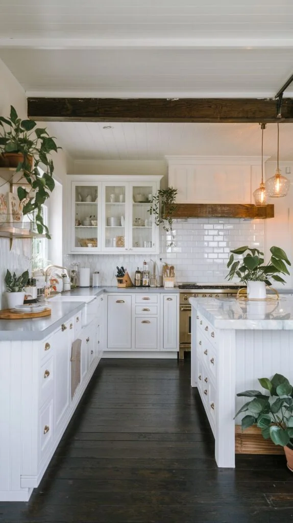 Scandinavian kitchen with white cabinets, white subway tile backsplash, dark wood flooring, large white farmhouse sink, white island, exposed wooden ceiling beams, many plants.