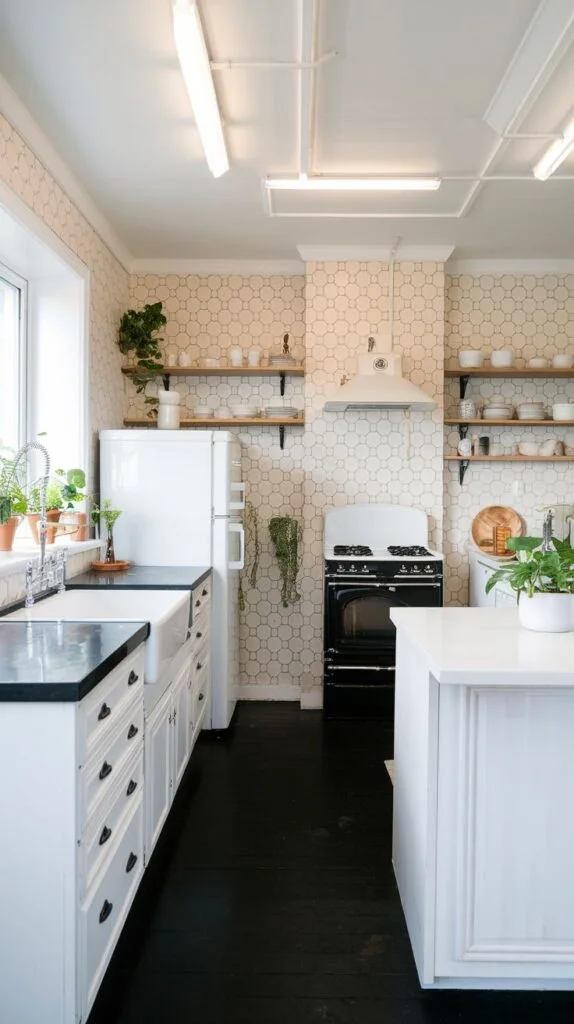 Scandinavian kitchen with white cabinets, dark countertops, patterned hexagonal tile backsplash, white refrigerator, black stove, dark wood flooring, white island.