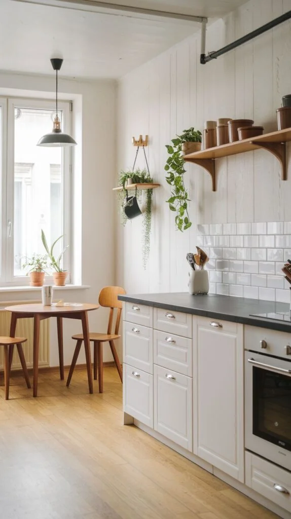 Scandinavian kitchen with white base cabinets, dark countertops, white subway tile backsplash, light wood flooring, open wooden shelves, round wooden dining table with chairs, plants by large window.