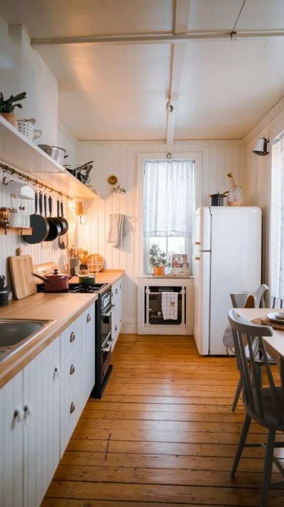 Scandinavian galley kitchen with white paneled walls, white cabinets, light wood countertops, dark wood flooring, white vintage refrigerator, black stove, open shelving with kitchen items.
