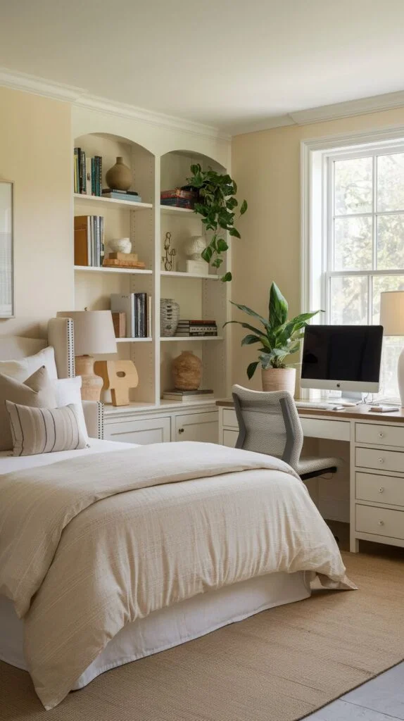 Guest bedroom with white built-in desk and shelves
