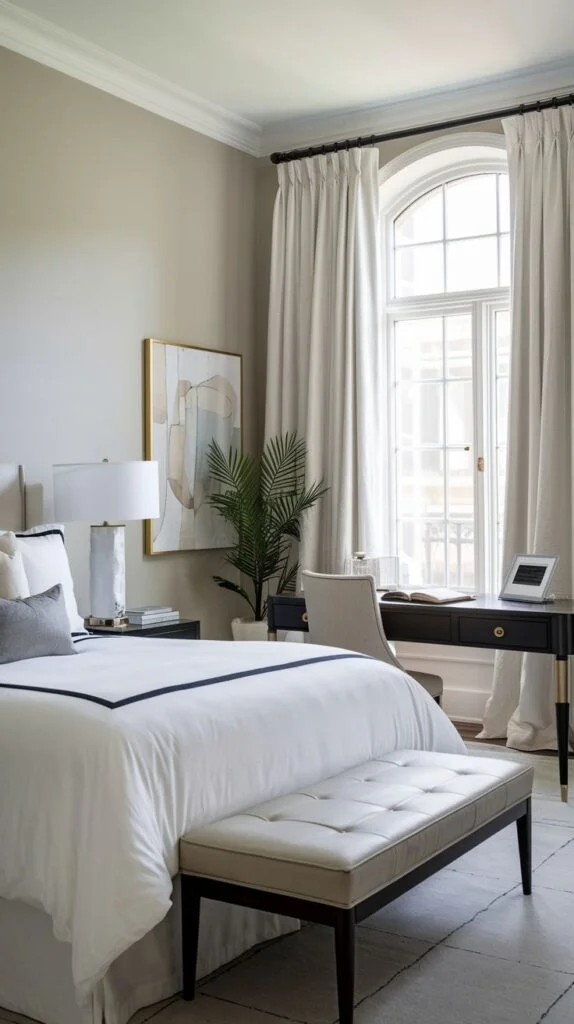 Guest bedroom with dark wood desk and arched window