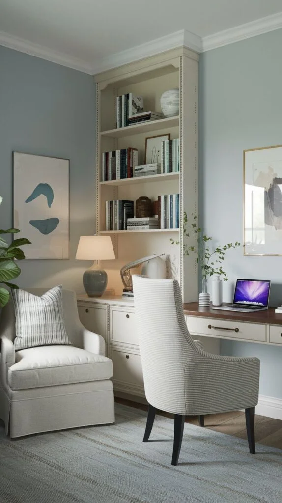 Guest bedroom with light blue walls and office nook