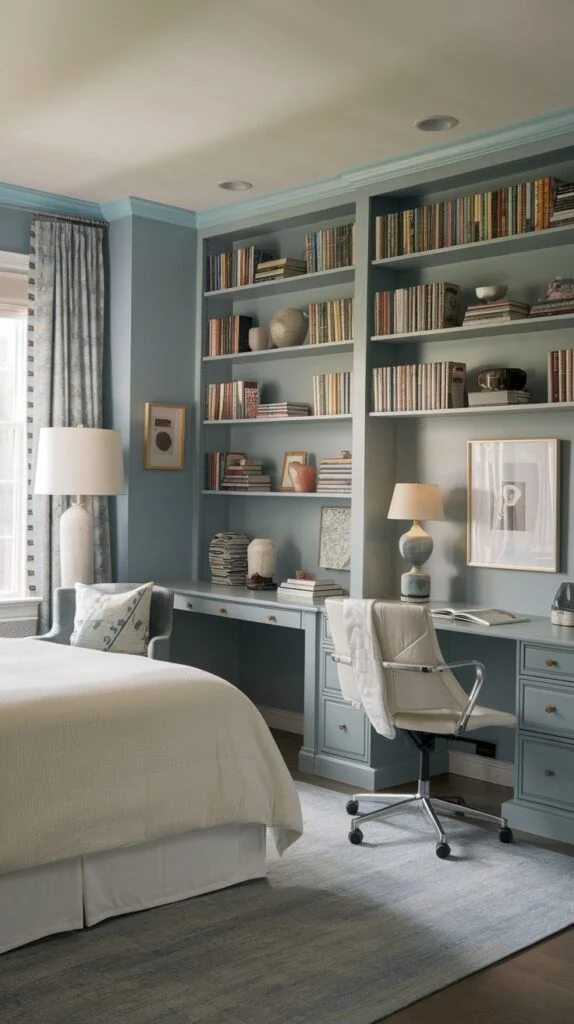 Guest bedroom with blue built-in shelves and two desks