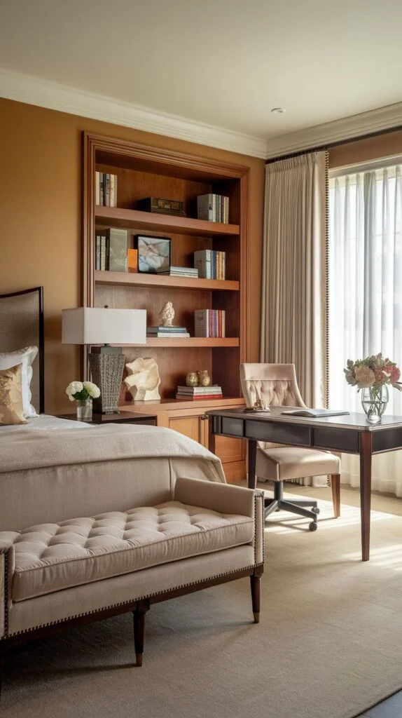 Guest bedroom with warm brown walls and dark wood desk