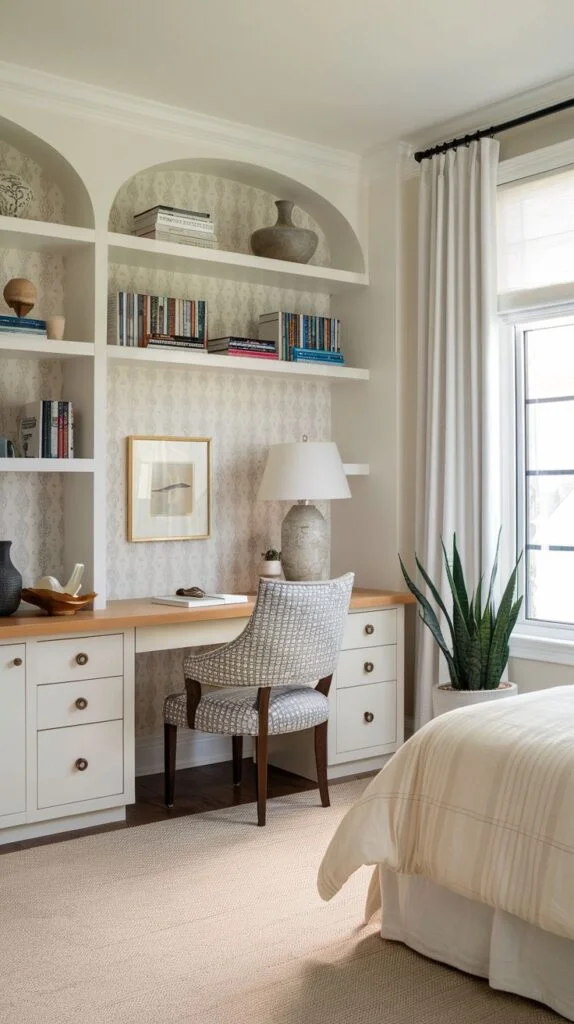 Guest bedroom with arched shelves and patterned wallpaper