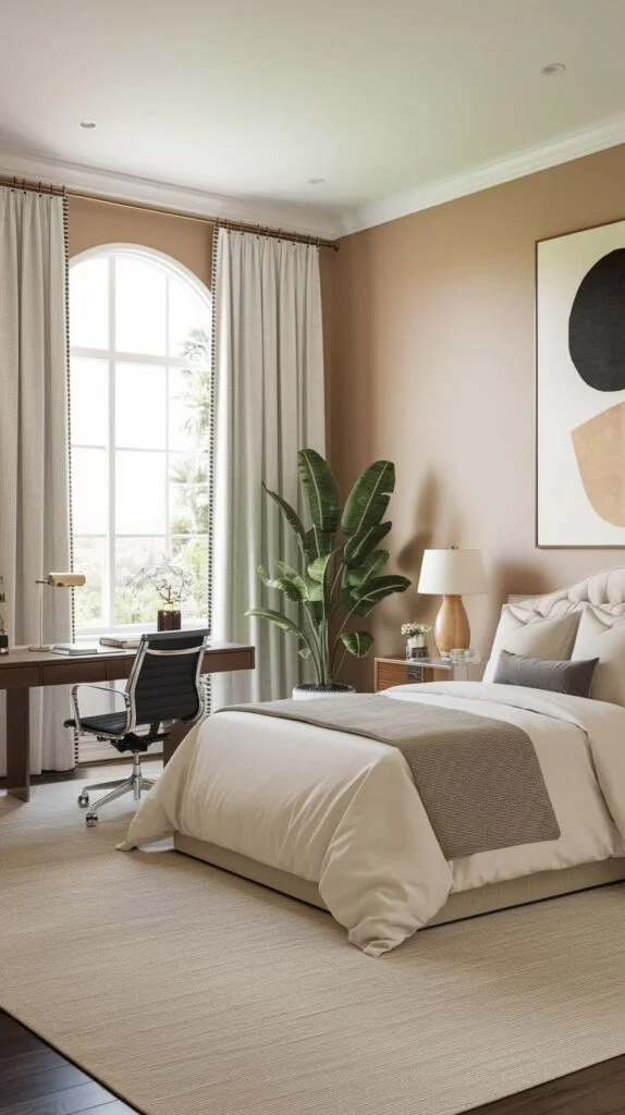 Minimalist guest bedroom with dark wood desk and arched window