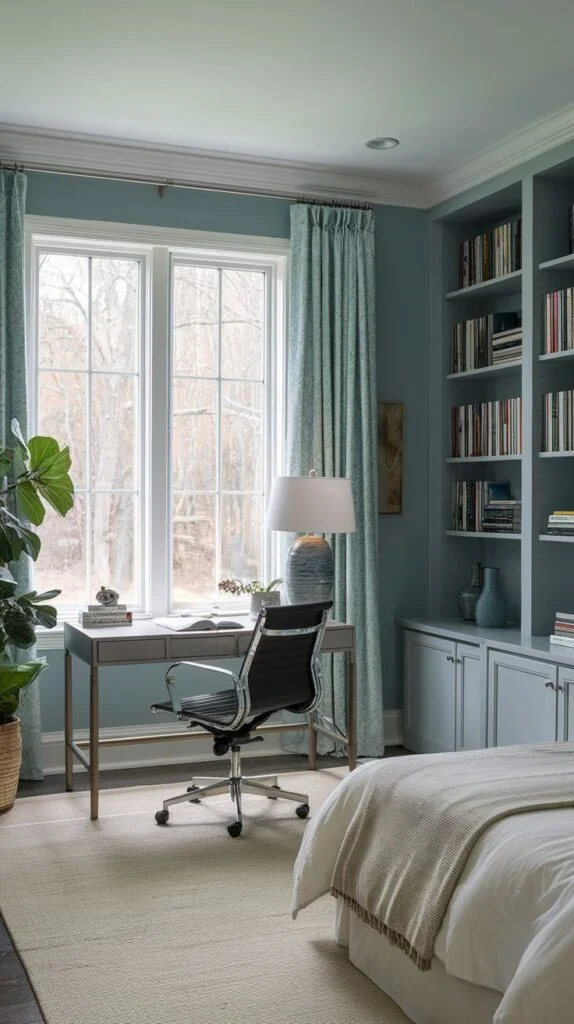 Guest bedroom with blue walls and light wood desk