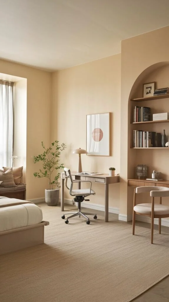 Guest bedroom with peach walls and built-in desk