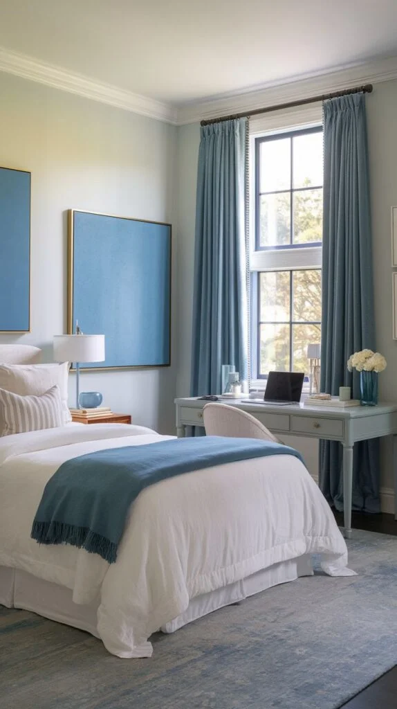 Guest bedroom with blue desk and matching decor