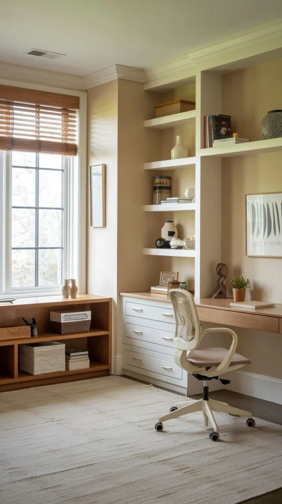 Guest bedroom with light wood desk and window seat