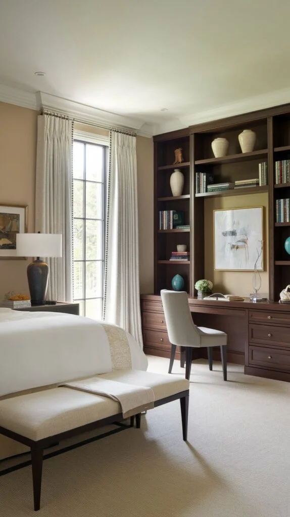 Guest bedroom with dark wood built-in desk and shelves