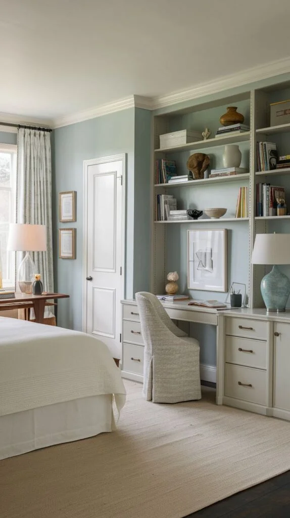 Guest bedroom with light blue walls and built-in desk